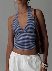 Top halter caprichoso Princess Polly para mujer azul marino guinga talla EE. UU. 0 nuevo - Imagen 1 de 6