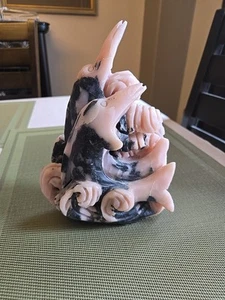 VTG Carved Pink/Black Stone Jasper or Rhodonite Dolphins Sculpture Hand Carving - Picture 1 of 13