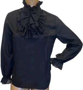 Vintage 60s 70s Lee Mar of California Ruffle Blouse Button Back S Black 240L - Picture 1 of 9