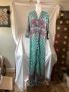 Abito midi donna floreale R. Vivimos Teal taglia 2XL manica 3/4 bohemien hippie - Foto 1 di 3