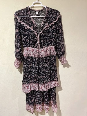 H&M Dress 14 Blk Pink Floral Ruffle Tiered Viscose Boho Romantic Cottagecore h1 - Image 1 of 4