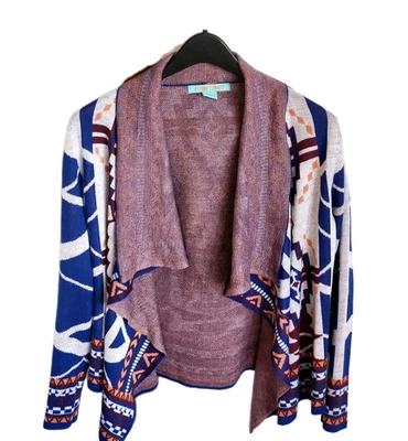 Cardigã feminino Flying Tomato frente aberta manga 3/4 azul estampa asteca tamanho pequeno - Imagem 1 de 4