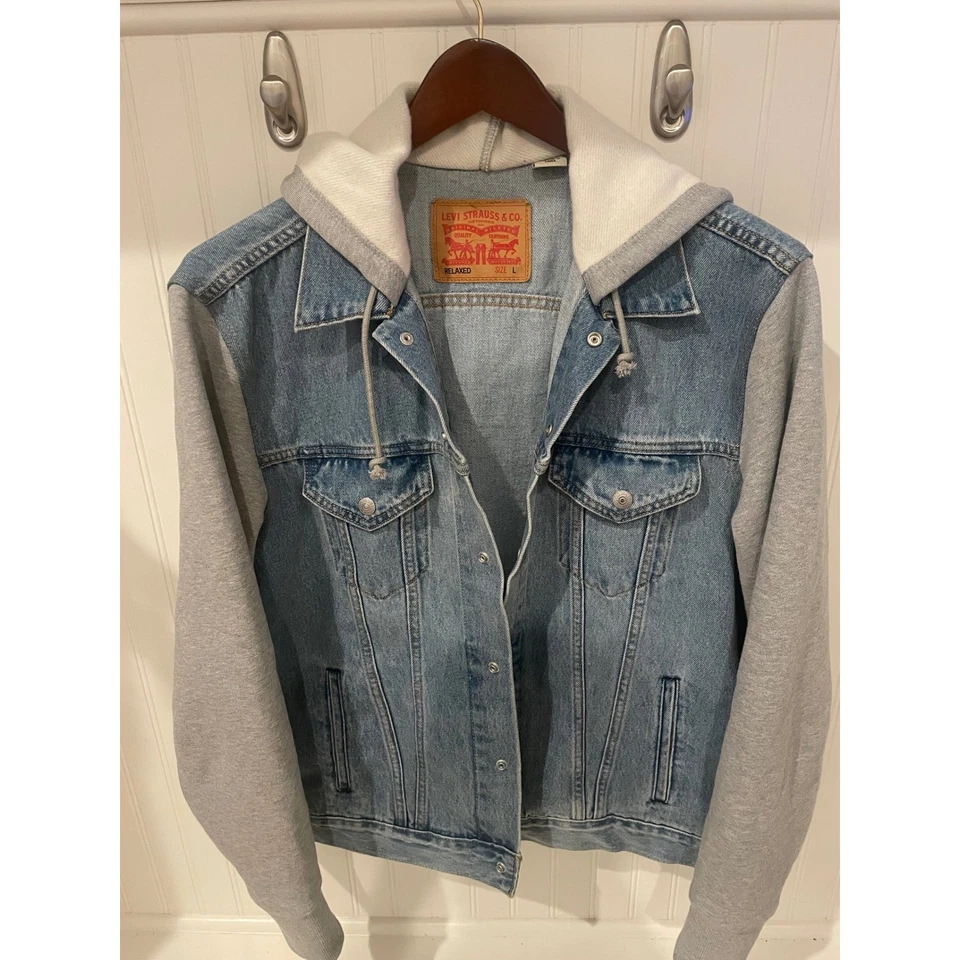 Chaqueta de mezclilla Levi Strauss Co con capucha gris mangas calce relajado para hombre talla L Foto 1 de 4