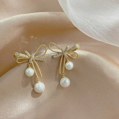 Pretty Yellow Gold Fashion Jewelry Crystal Bow & Pearl Stud Drop Dangle Earrings - Image 1 of 4