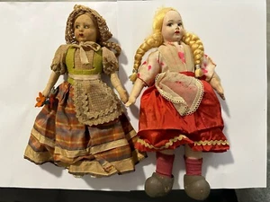 Two Vintage German Fabric Girl Doll Felt Hand Painted Face Cloth Doll 10” - Picture 1 of 11