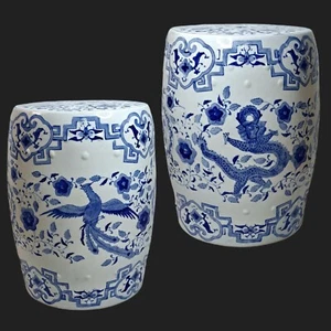 Vintage Chinoiserie Porcelain Drum Garden Stool/Side Table W/Dragon & Phoenix - Picture 1 of 12