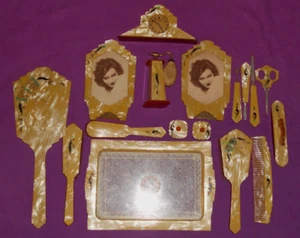 17 pc CELLULOID Vanity Set Butterfly / Rhinestone INLAY Perfume~Clock~2 Frames - Imagen 1 de 21