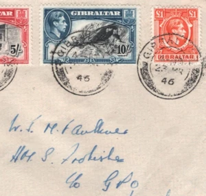 GIBRALTAR KGVI Cover £1 10s 5s *HIGH VALUES* 1946 Naval Ship HMS FROBISHER MA688 - Picture 1 of 9