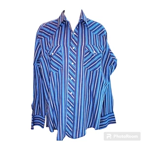 90s Wrangler Western Shirts Pearl Snap Cowboy Rodeo Mens Size XL USA Blue Stripe - Picture 1 of 9