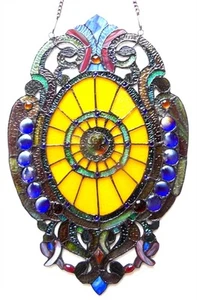 Stained Glass Oval Medallion Window Panel Design 15 x 23 Art Glass Suncatcher - Picture 1 of 2