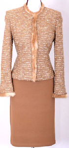 ST.JOHN Womens Brown Tan Metallic Shimmer Beads Fur Trim Jacket Skirt Sz 8-10