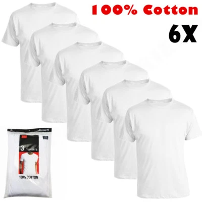 6 Pack Men's 100% Cotton Tagless Crew-Neck T-Shirt Undershirt Tee White S-XL - Image 1 of 4