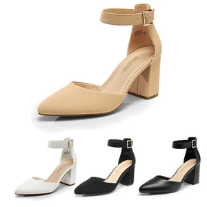 US Women Ankle Strap Pointed Toe High Chunky Block Heel Wedding Party Pump Shoes - Picture 1 of 26