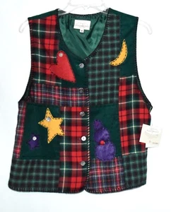 Susan Bristol Red & Green Check with Stars Moon Hearts Womens Vest Size M NWT  - Picture 1 of 9