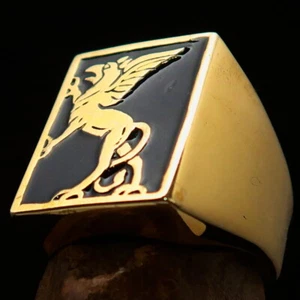 RECTANGLE SHAPED MENS BRASS BIKER RING GRIFFIN GREIF GRYPHON SEAL BLACK SIZE 9 - Picture 1 of 6