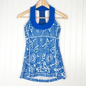 Lululemon Scoop Neck Tank Athletic 4 Blue & White Floral Pattern Balletcore - Picture 1 of 5