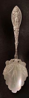 Antique Victorian Caviar Spoon Carved MOP  & Silver- Native American Theme - Image 1 of 4