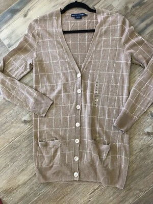 72. Cárdigan Ralph Lauren Etiqueta Azul Tostado Cuadros Lino M Nuevo Con Etiquetas $198 Foto 1 de 4
