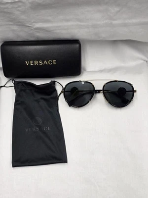 Versace 2232 1438/87 Black Metal Aviator Sunglasses Grey Lens w/ Case - Image 1 of 4