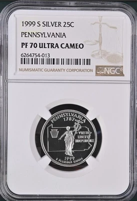 1999 S Silver 25¢ Pennsylvania NGC PF 70 Ultra Cameo - Image 1 of 2