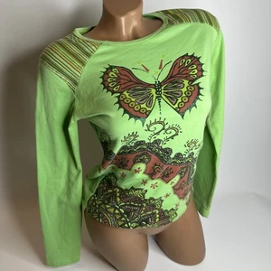 Top vintage Miss Sixty Y2K farfalla glitter M verde manica lunga Italia raro - Foto 1 di 10