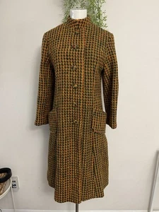 Vintage 70s Houndstooth Multicolor Tweed Sherpa Lined Cloak Trench Coat - Picture 1 of 12