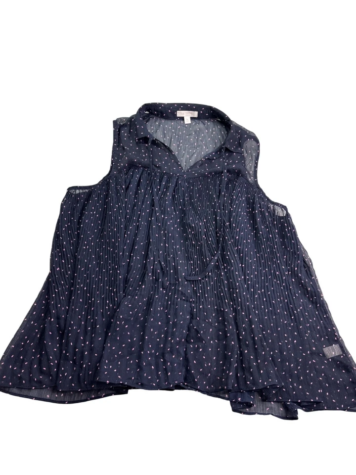 LC Lauren Conrad Sleeveless Pleated Top L Sheer Navy Blue Pink Abstract Dots - Image 1 of 4