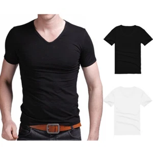 Summer Men's Slim Fit Short Sleeve V-Neck T Shirt Muscle Tee Gym Top Solid Beach - Picture 1 of 11