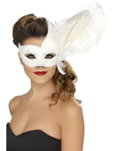 Orate Eyemask White Columbian Mask + Feather Ladies Opera Fancy Dress - Picture 1 of 1
