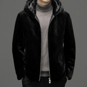 Winter Mink Fur Coat Mens Plush Coat Hooded Loose Jacket Business Overcoats Plus - Picture 1 of 9