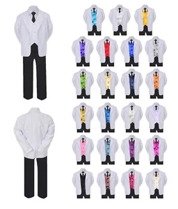 6pc Boy Baby Toddler Formal Black Tie & Pants White Suit Set Color Vest S-8 - Picture 1 of 25