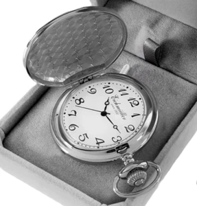 Eichmüller Taschenuhr Chrom Silber 45 mm Savonnette Quarz Kette & Box 3 Zeiger - Bild 1 von 2