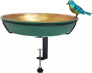 Deck Bird Bath for Outdoors 11 Green/Bronze Metal Birdbath Bowl Big Steel Clamp - Picture 1 of 7