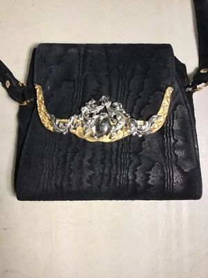 Bolso de mano vintage Glen Miller para Ann Turk de cuero genuino negro, dorado y plateado Foto 1 de 4