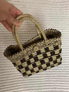 Women's Vintage 1990's Beige & Brown Small Woven Check Straw Top Handle Bag - Picture 1 of 8