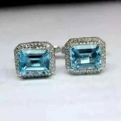 Abotoaduras masculinas corte esmeralda 3 quilates topázio azul folheadas a ouro branco 14K criado em laboratório - Imagem 1 de 3