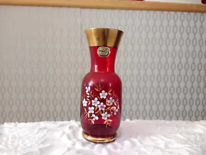 Vintage Bohemian Bohemia Czech Gold Gilt Ruby Red Floral Art Glass Flower Vase - Picture 1 of 9