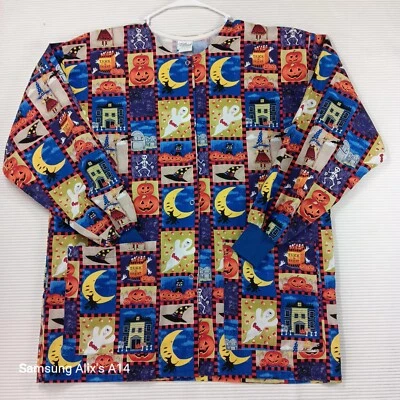 Tafford Halloween Long Sleeve Scrub Top Medium Snap Front - Image 1 of 4