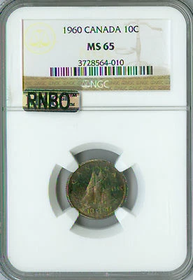 1960 CANADA 10 CENTS NGC MS65 MAC RNBO RAINBOW GORGEOUS  . - Image 1 of 4