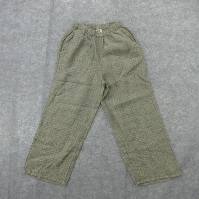 FLAX Pants Womens P Green Plaid 100% Linen Elastic Waist Wide Leg Pockets - Image 1 of 4