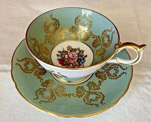 Aynsley Cabbage Rose Sage Green & Gold #1543 Tea Cup & Saucer Signed JA Bailey - Picture 1 of 6