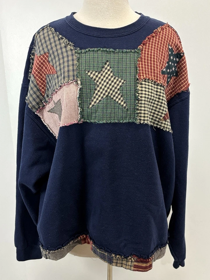 Vtg Jerzees Quilted Patchwork Sweatshirt Sz XXL 2XL Navy Stars Granny Core  - Image 1 of 4