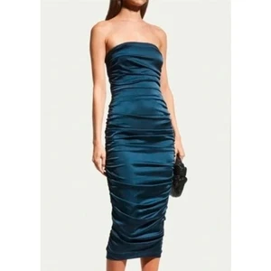 Veronica Beard Kupa Ruched Satin Slipdress Midi Dress NWT 598 Petrol Sz 8 - Picture 1 of 10