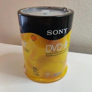 New SONY DVD-R 100-Pack 120min 4.7GB 1x - 16X Optical Media Recordable SEALED - Afbeelding 1 van 3
