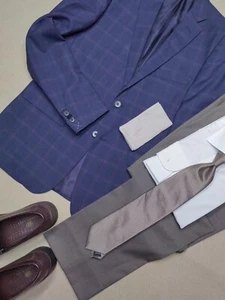 OLIVER SAND check Navy Blazer Size 42R - Picture 1 of 19