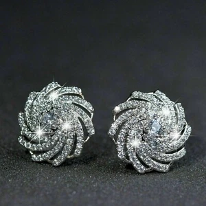Swirl Engagement Unique Stud Earrings 4.21 Ct Simulated Diamond 14K White Gold - Picture 1 of 5