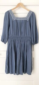 M&S Embroidered Linen Blend Dress Blue Shirred Waist Size UK 8 - Picture 1 of 5