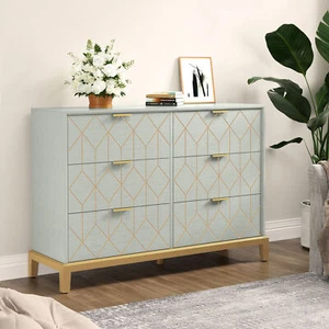 Mondern 6 Drawer Dresser for Bedroom, Wooden Double Dresser with Gold Handle NEW - Picture 1 of 24