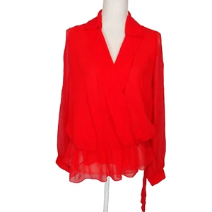 Haute Hippie wrap Silk Long Sleeved Ruffled V Neck Blouse Red XS top shirt - Picture 1 of 19