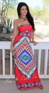 Nuevo Mujeres EE. UU. ROJO MEDALLÓN AZTECA "MIRAGE" MAXI VESTIDO TUBO BOHO SIN TIRANTES S M L - Imagen 1 de 6